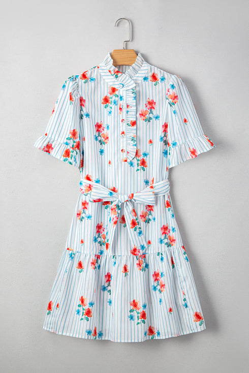 Playful Print Mix Ruffle Sleeve Tie Waist V Neck Mini Dress